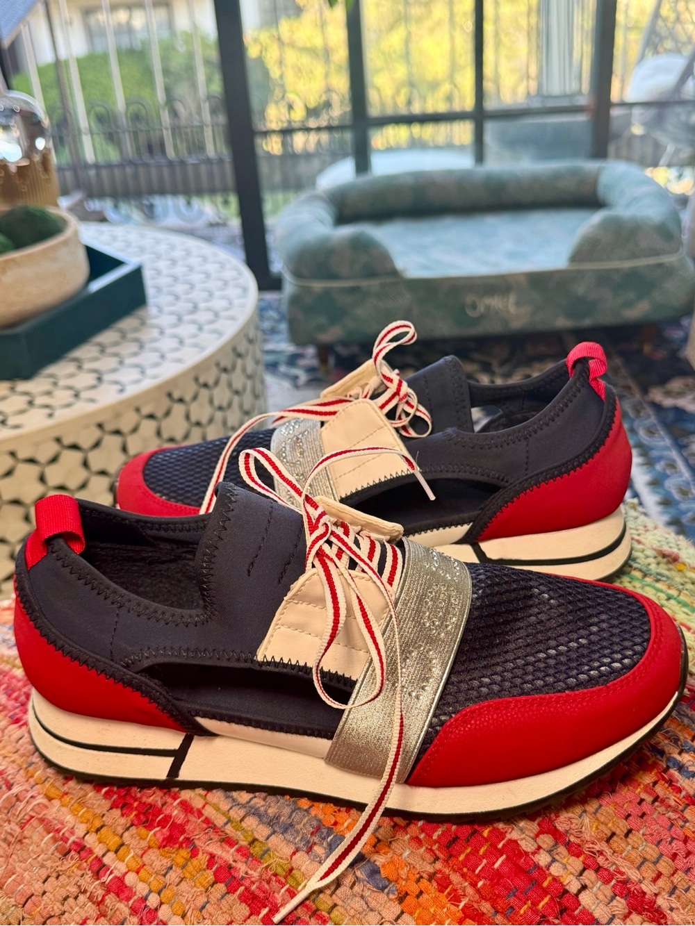 ❤️💙 bebe Red Navy Silver Lace-Up Slip-On Sneakers with rhinestone detail 💙❤️ - Picture 2 of 8